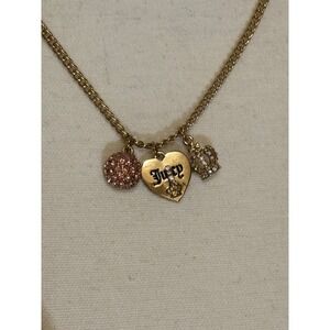 Juicy Couture Gold Tone Charm Necklace Heart Crown Pink Pave Crystal Y2K Vintage